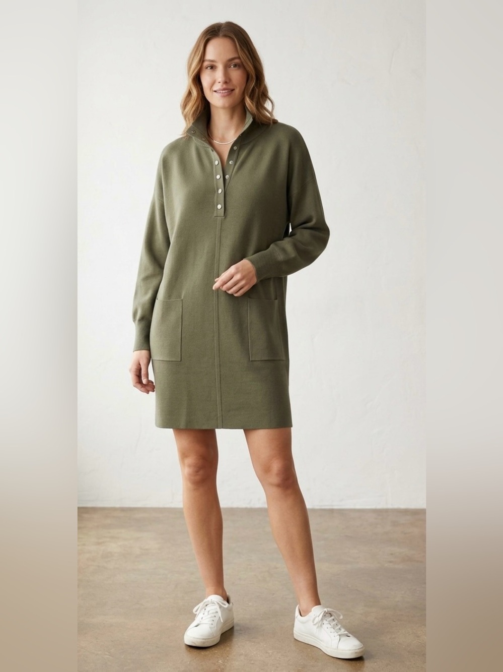 Daily Practice X Anthropologie Green M Mock Neck Button Front Sweater Dress